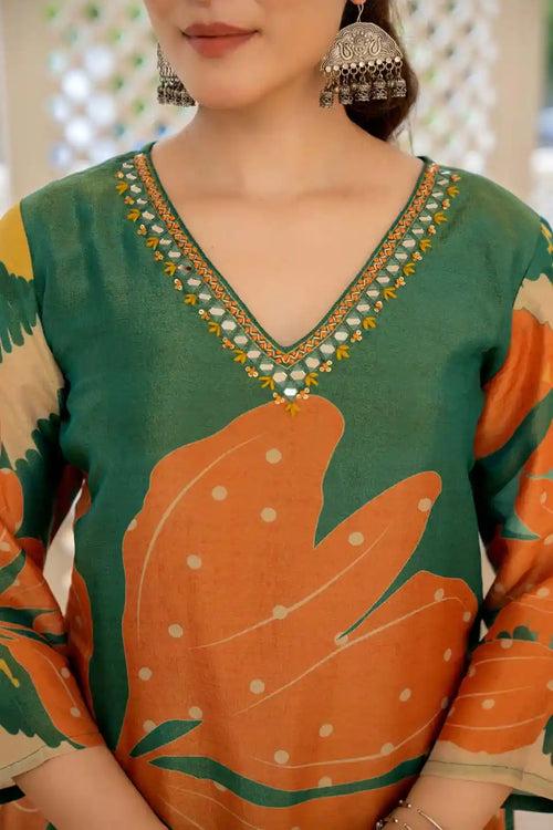 GREEN ABSTRACT FLORAL PRINTED KURTA SET WITH DUPATTA