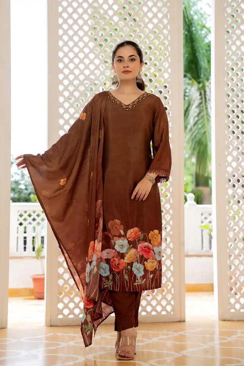 ELEGANT BROWN FLORAL EMBELLISHED KURTA SET