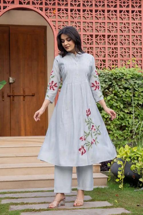 LIGHT BLUE FLORAL EMBROIDERED COORDINATED SET