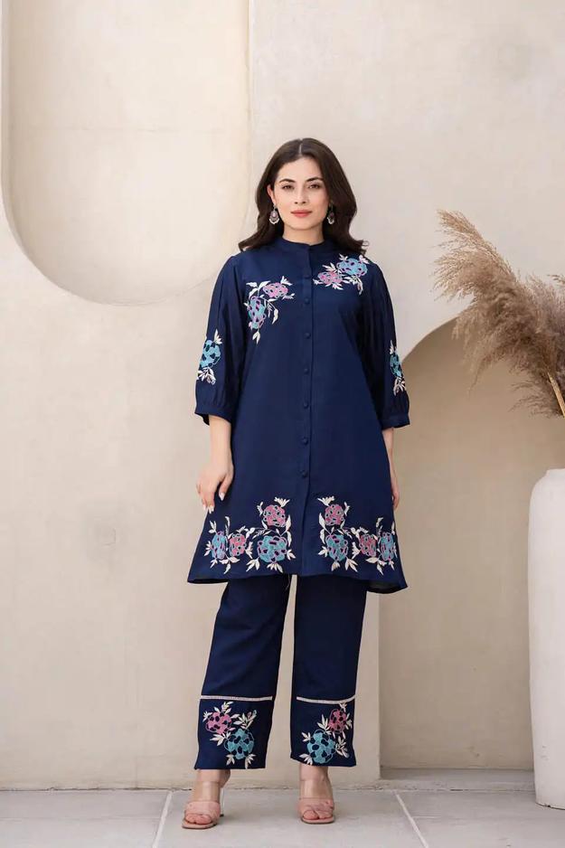 NAVY BLUE FLORAL EMBROIDERED CO-ORD SET