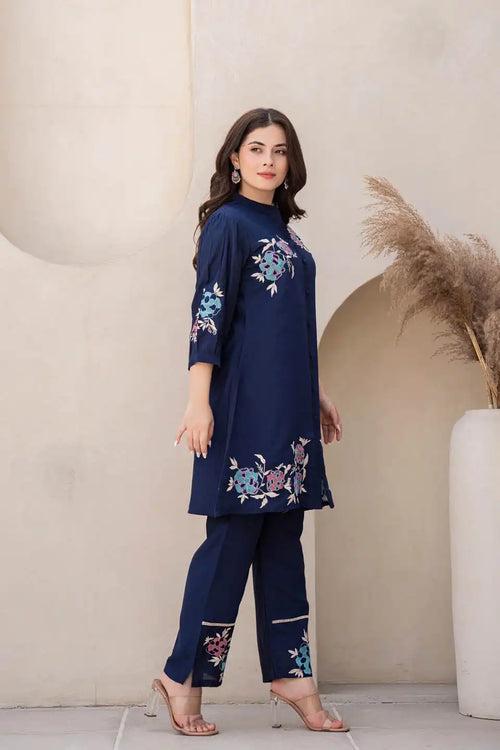 NAVY BLUE FLORAL EMBROIDERED CO-ORD SET