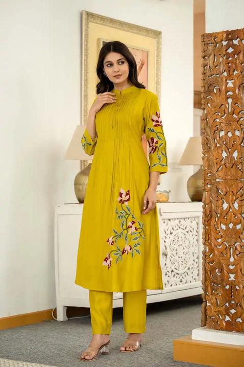 MUSTARD FLORAL EMBROIDERED COORDINATED SET