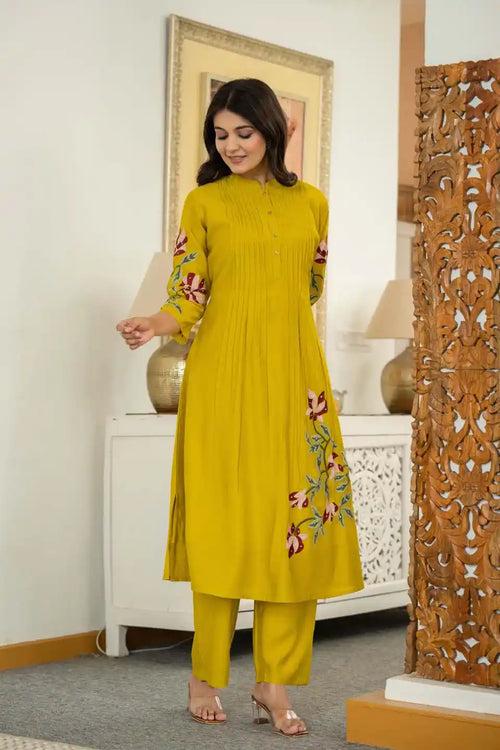 MUSTARD FLORAL EMBROIDERED COORDINATED SET