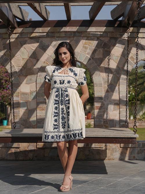 Monochrome Bloom: White Short Dress with Black Embroidery