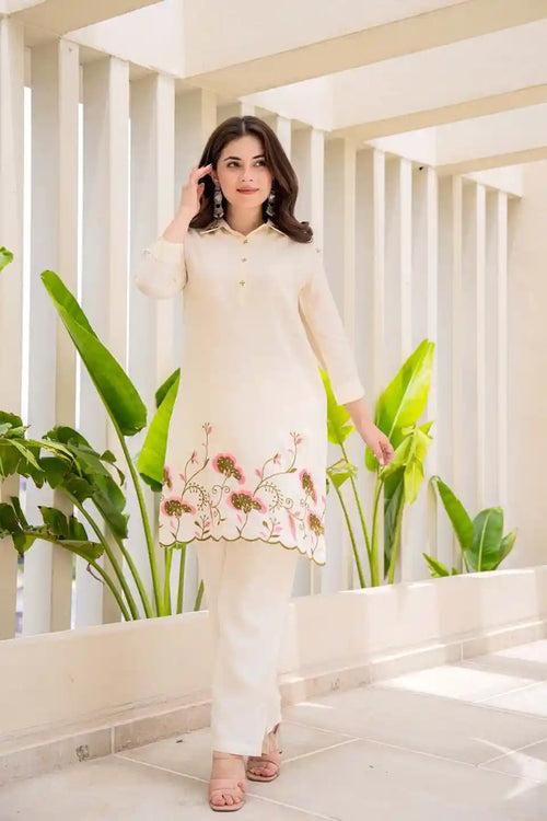 OFF-WHITE EMBROIDERED FLORAL COORDINATED SET FOR WOMEN