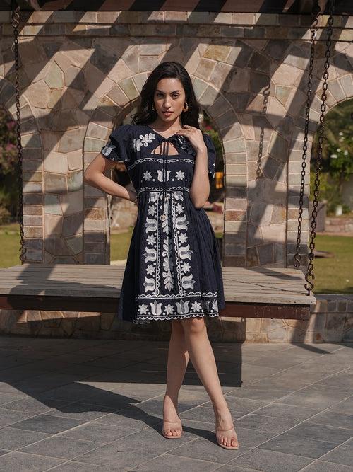 Midnight Monochrome: Blue Short Dress with White Embroidery