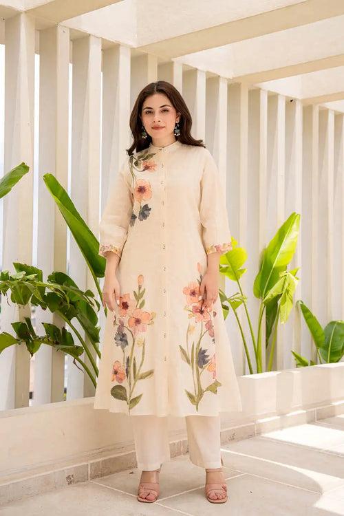 FLORAL EMBROIDERED CREAM KURTA WITH STRAIGHT PANTS SET