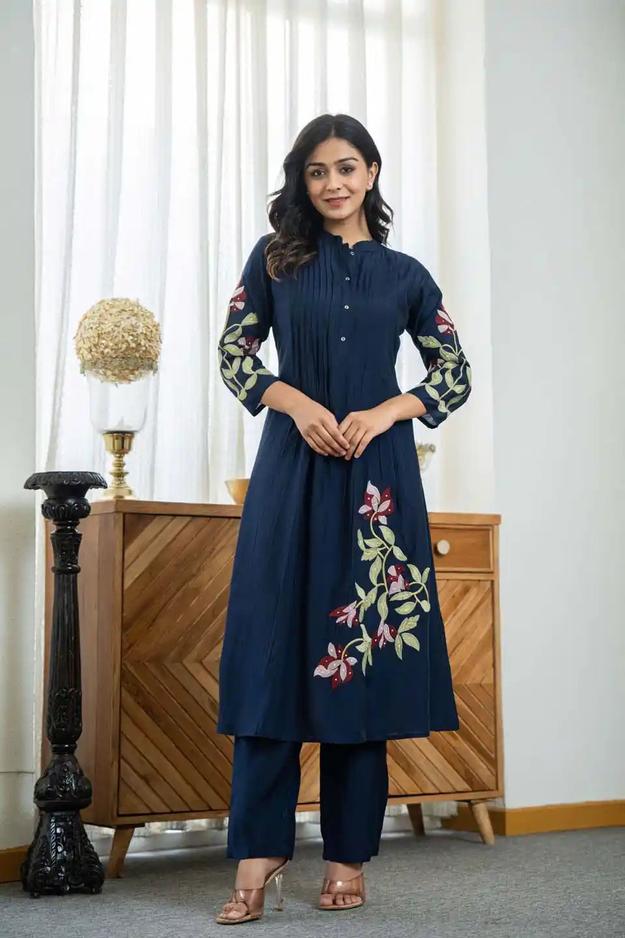 NAVY BLUE FLORAL EMBROIDERED COORDINATED SET