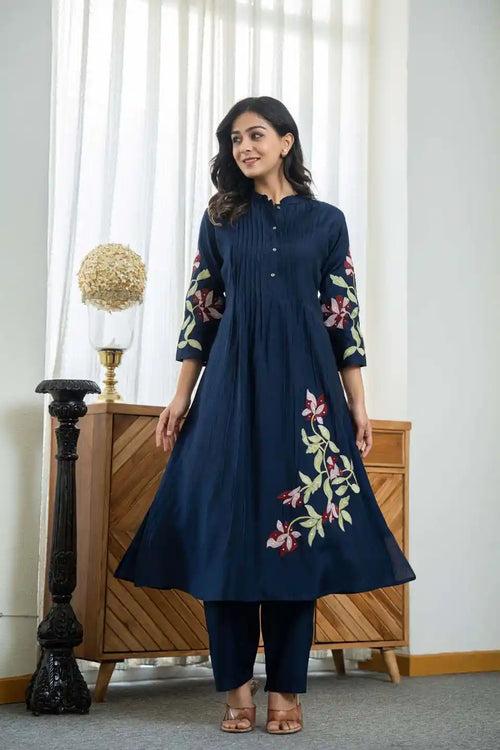 NAVY BLUE FLORAL EMBROIDERED COORDINATED SET