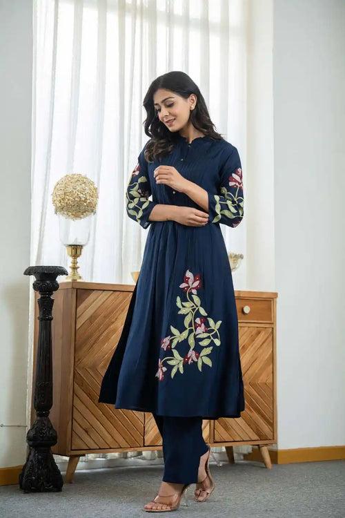 NAVY BLUE FLORAL EMBROIDERED COORDINATED SET