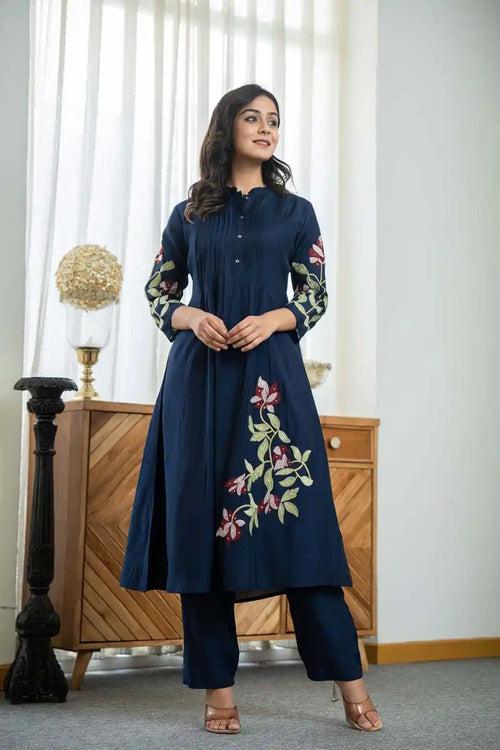 NAVY BLUE FLORAL EMBROIDERED COORDINATED SET