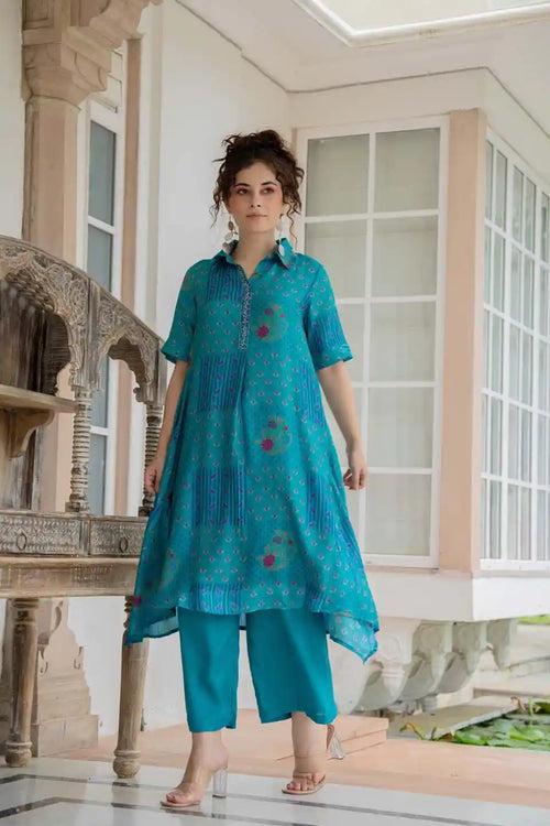 TEAL FLORAL COORDINATED KURTA PANT SET