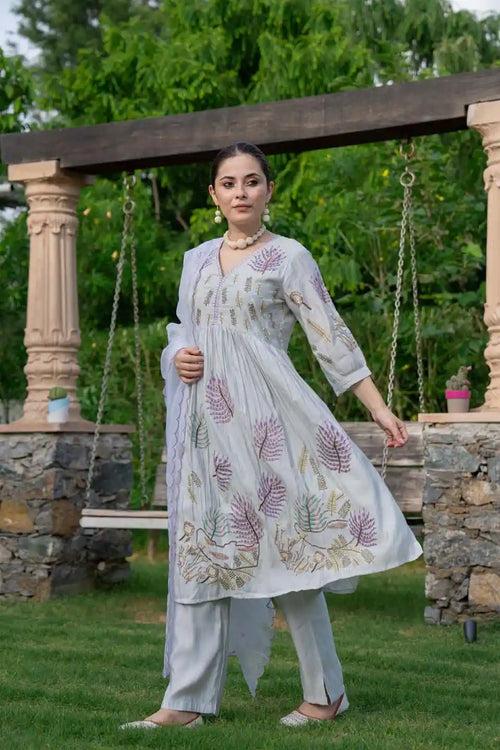 LIGHT GRAY FLORAL KURTA SET WITH DUPATTA