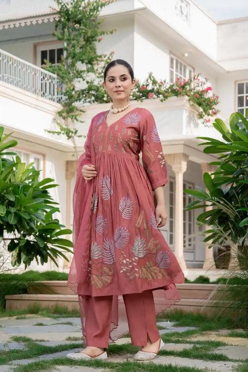 DUSTY ROSE FLORAL KURTA SET WITH DUPATTA