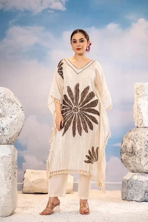 ELEGANT CREAM FLORAL EMBROIDERED KAFTAN & PANT COORDINATED SET