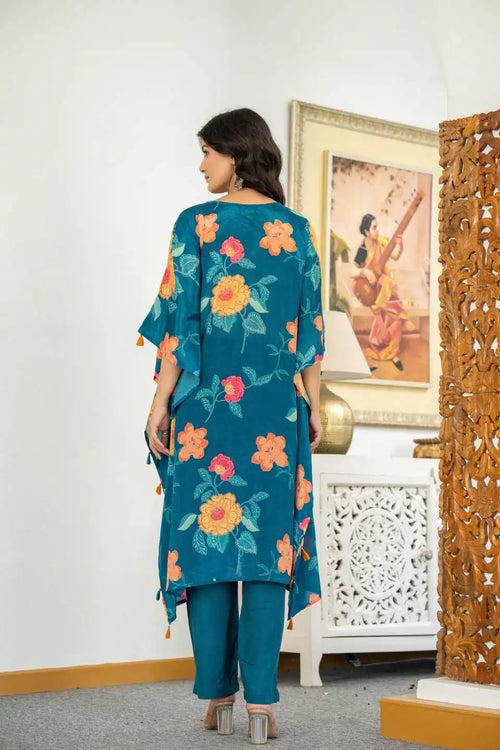 TEAL FLORAL PRINTED CAPE-STYLE COORDINATED SET FOR WOMEN