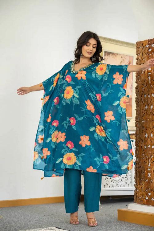 TEAL FLORAL PRINTED CAPE-STYLE COORDINATED SET FOR WOMEN