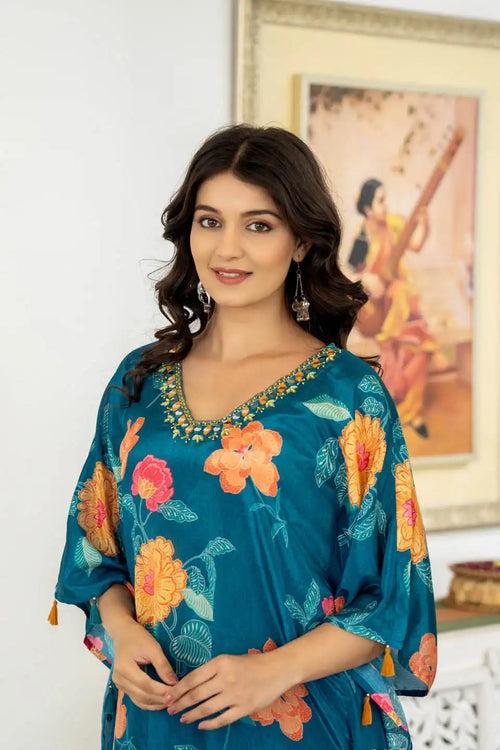 TEAL FLORAL PRINTED CAPE-STYLE COORDINATED SET FOR WOMEN