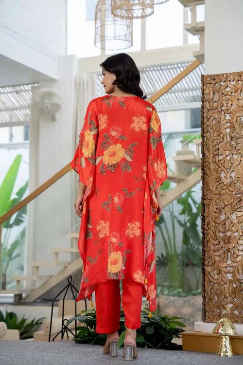 FLORAL KAFTAN SET WITH POM-POM DETAIL & STRAIGHT PANTS