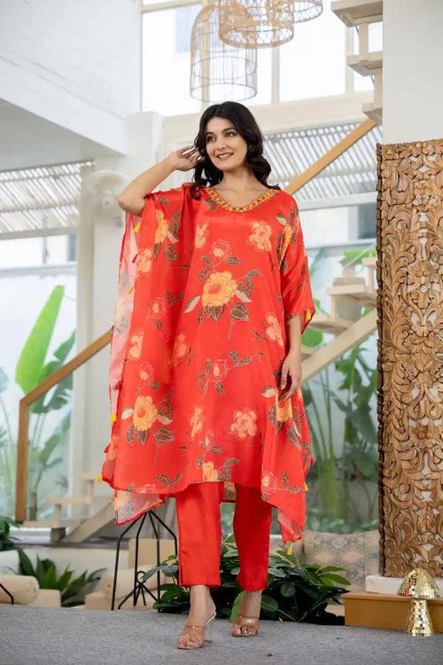 FLORAL KAFTAN SET WITH POM-POM DETAIL & STRAIGHT PANTS