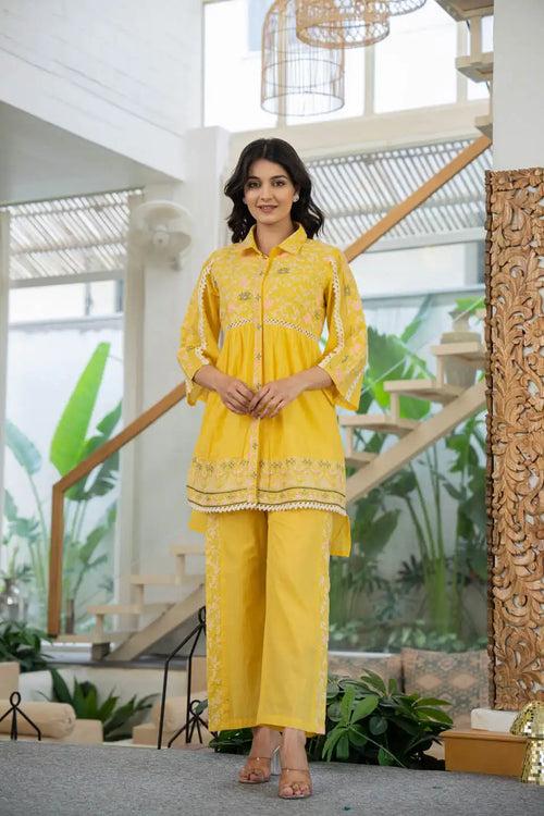 YELLOW EMBROIDERED FLORAL COORDINATED SET FOR WOMEN