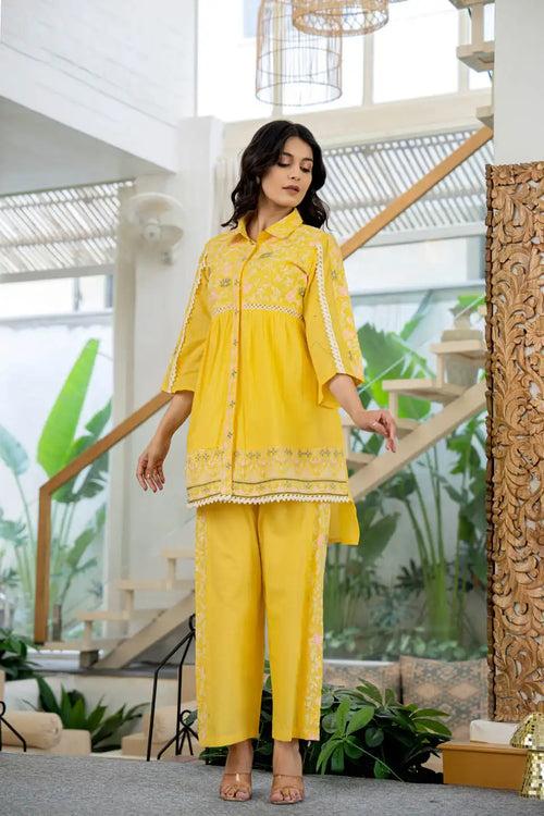 YELLOW EMBROIDERED FLORAL COORDINATED SET FOR WOMEN