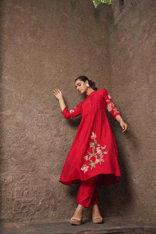 RED FLORAL EMBROIDERED FLARED CO-ORD SET FOR WOMEN