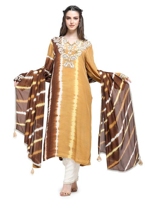 Mustard brown leheriya dyed  kurta with pearl embroiderd  neckline paired with dupatta  and pants