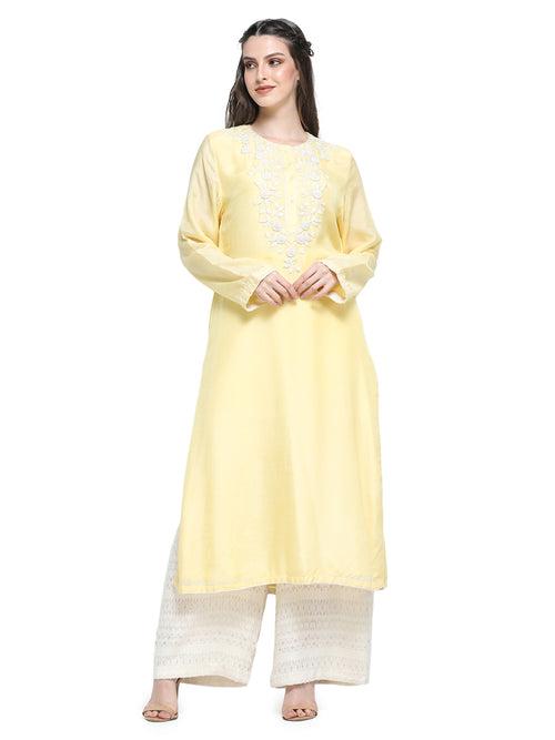 Yellow mul embroidered  Kurta set