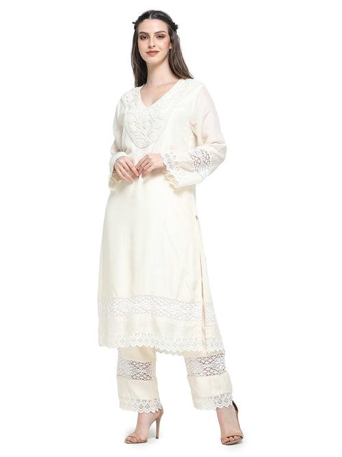 White mul pearl  embroidered kurta with  pants and dupatta