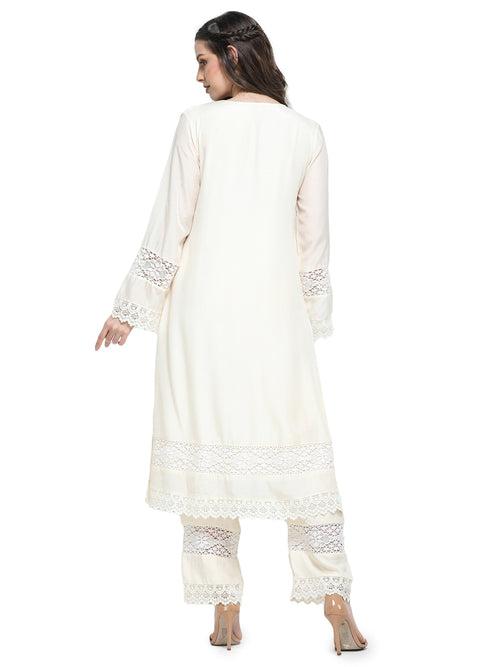 White mul pearl  embroidered kurta with  pants and dupatta