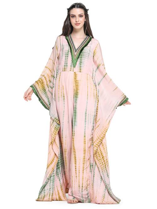 Pink and green shibori crepe  kaftan style jumpsuit with  embroidered V-neckline