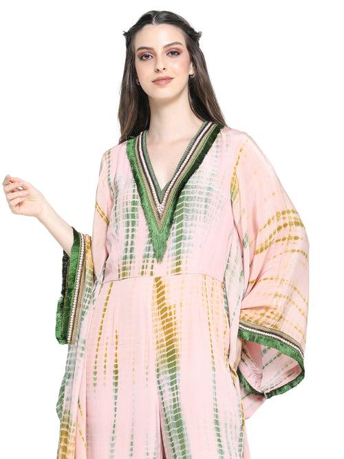 Pink and green shibori crepe  kaftan style jumpsuit with  embroidered V-neckline