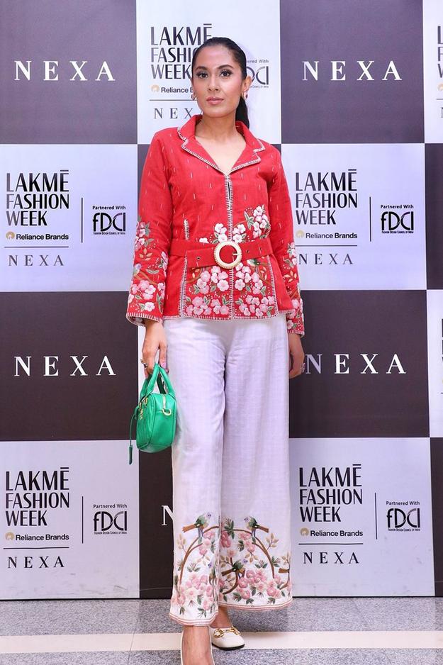 Riidhima Dhawan in Red cotton jamdani embroidered shacket with belt