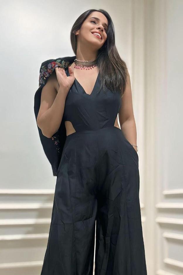 Saina Nehwal in Black silk cut out jumpsuit