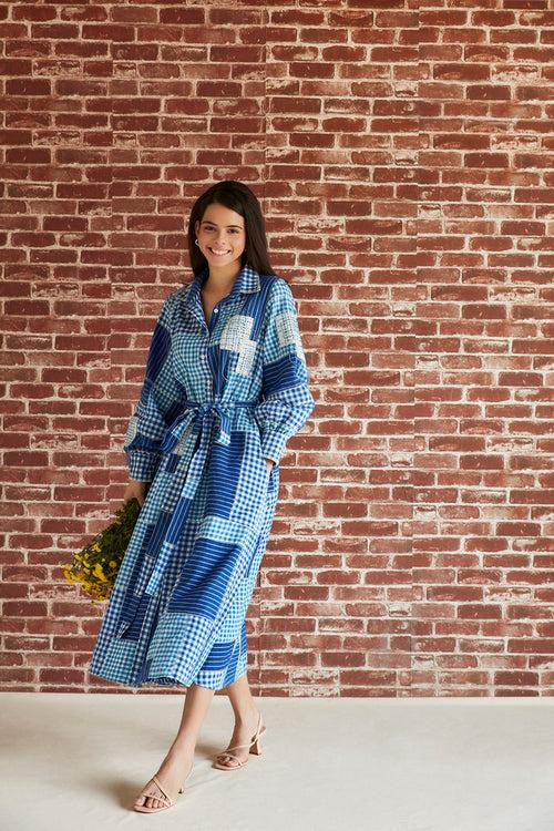 Blue check spliced cotton shirt dress