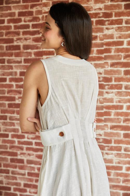 White sleeveless midi dress with rib and lace