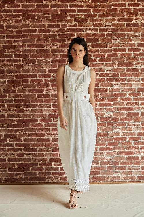 White sleeveless midi dress with rib and lace