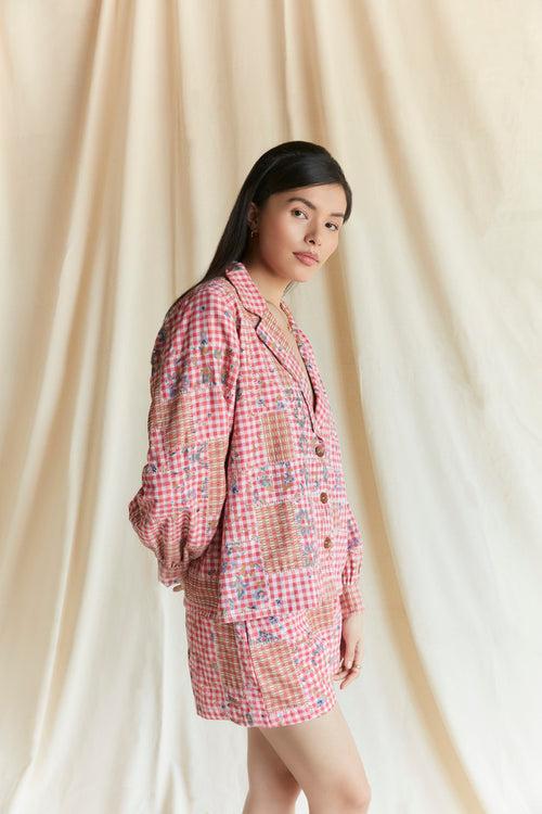 Red cotton multi checks printed shacket with shorts
