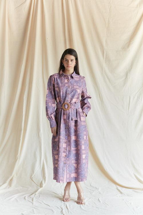 Salmon Pink printed shirt dress with belt