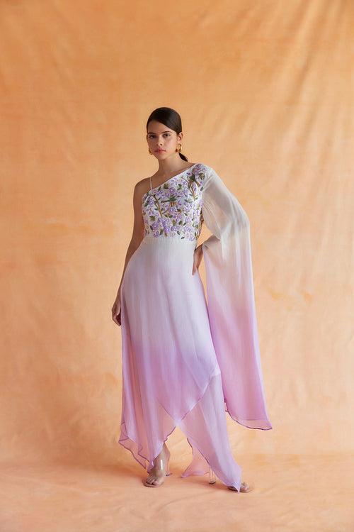 White with pink Ombre one shoulder embroidered asymmetrical dress