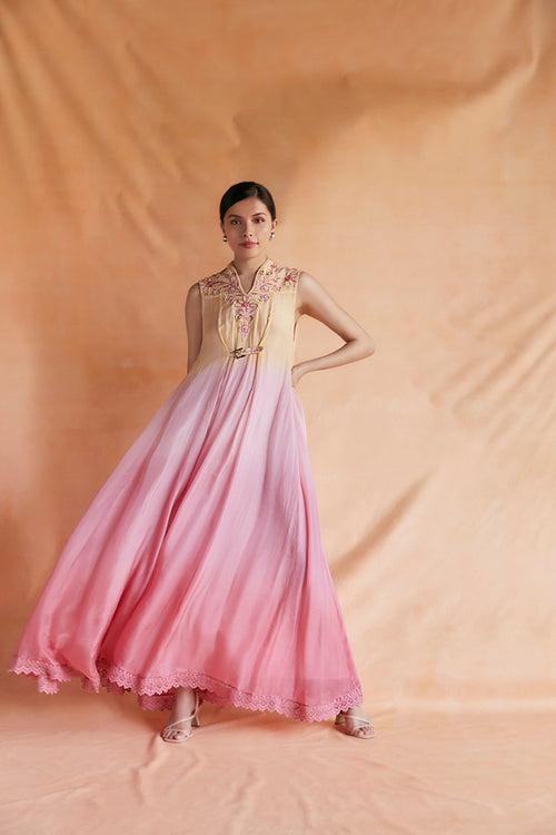 Yellow and pink ombre maxi with embroidered neck