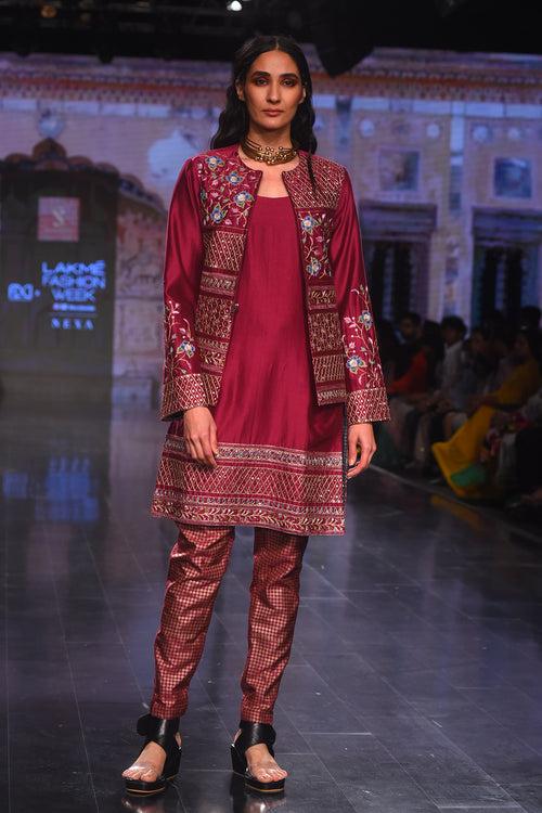 Plum Embroidered Jacket With Embroidered Kurta and Brocade Printed Pants