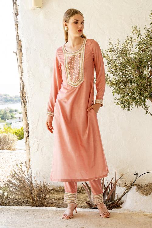 Salmon Silk Kurta Set