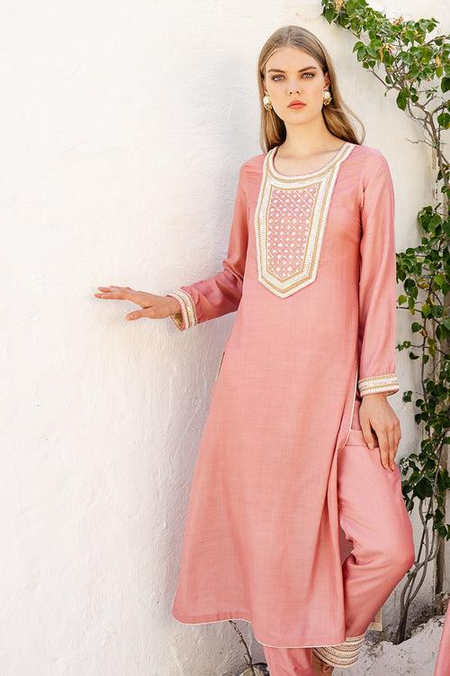 Salmon Silk Kurta Set