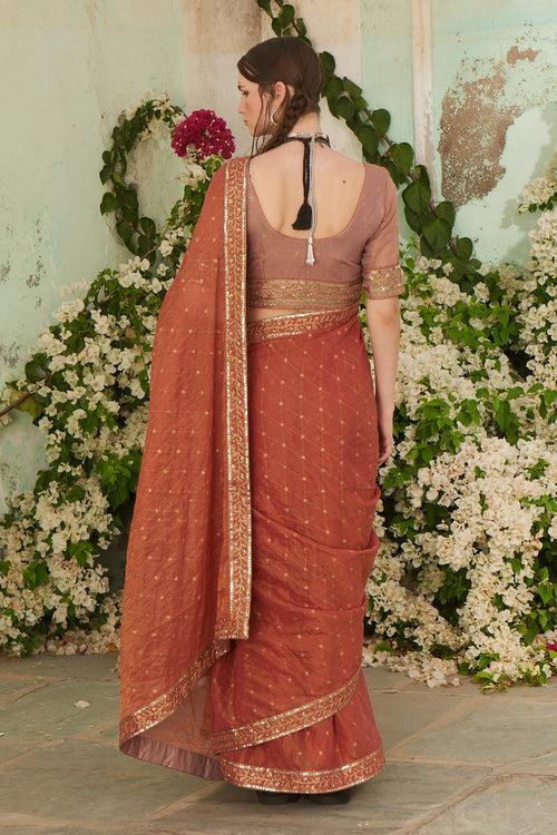 Rust Pita Work Saree with Embroidered Blouse