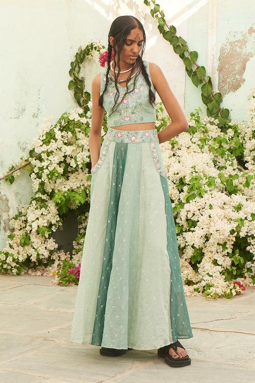 Mint Green Crop Top with Skirt and Belt