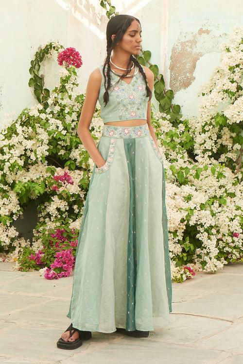 Mint Green Crop Top with Skirt and Belt