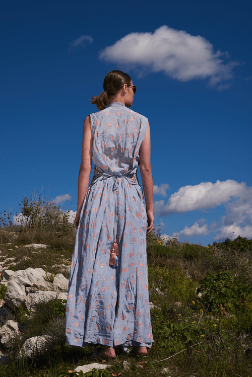 Periwinkle blue cracker printed throw with printed pants and embroidered bustier and belt