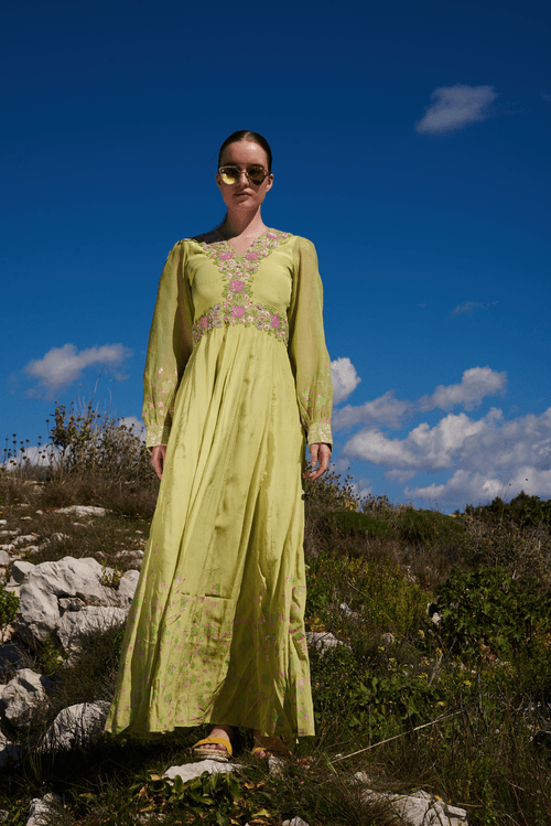 Green crepe printed maxi with embroidered bodice